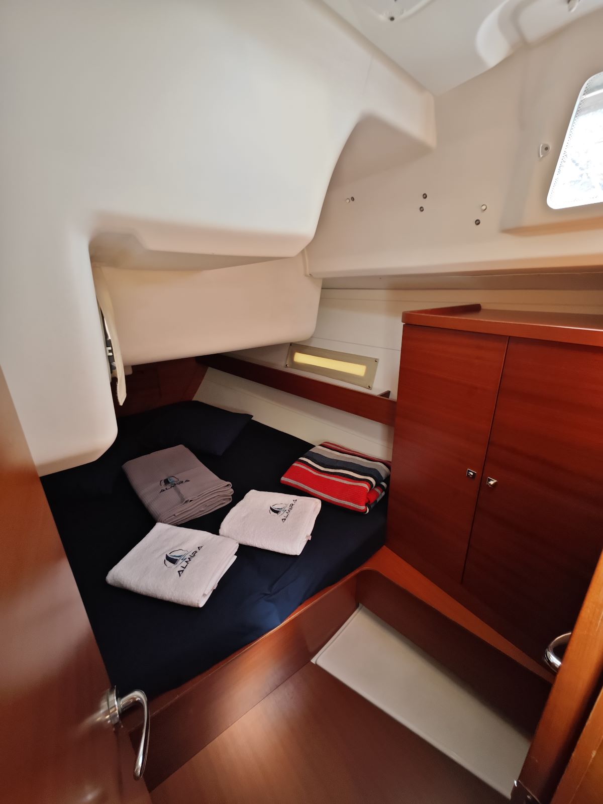 Aft cabin in sailing yacht Dufour 450 Grand Large Grace in Fethiye in Turkey
