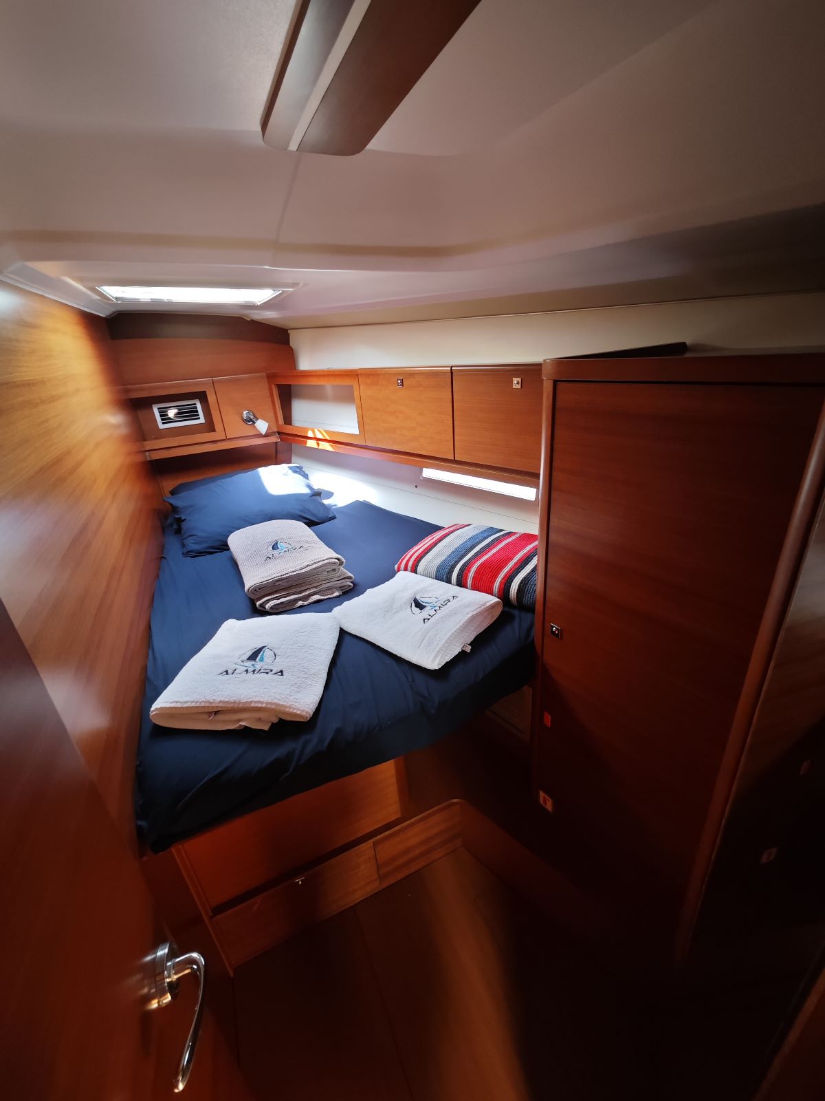 Forward cabin in sailing yacht Dufour 450 Grand Large Grace in Fethiye in Turkey