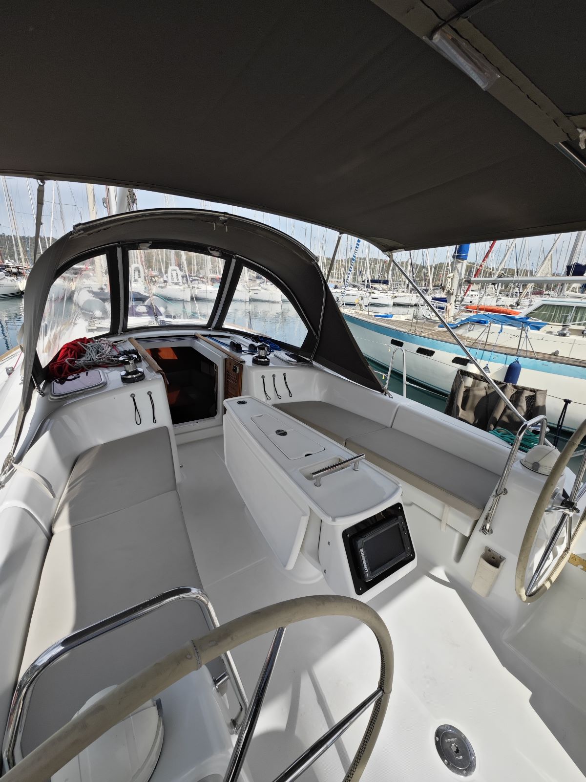 Cockpit of sailing yacht Beneteau Oceanis 40 Violet in Fethiye in Turkey