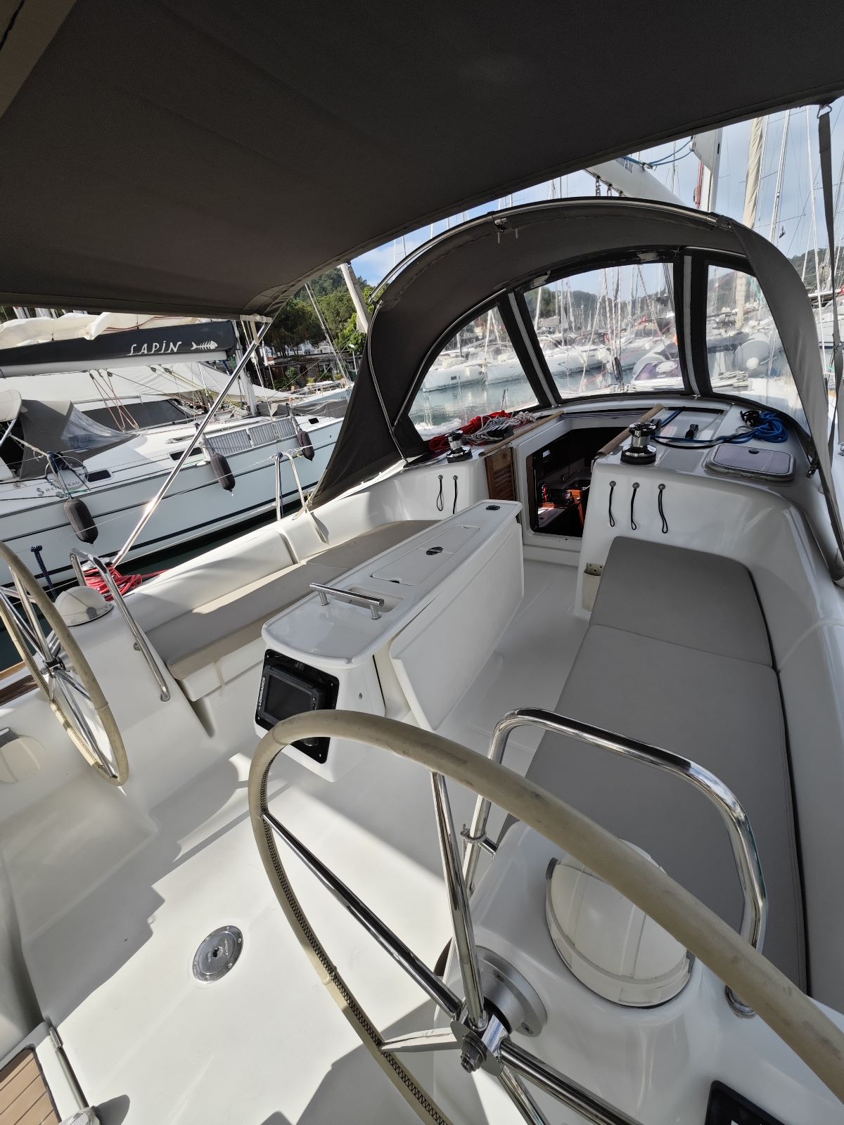 Cockpit of sailing yacht Beneteau Oceanis 40 Violet in Fethiye in Turkey