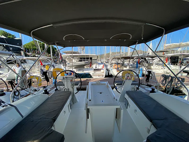 Cockpit of sailing yacht Beneteau Oceanis 46.1 Melissa in Fethiye in Turkey