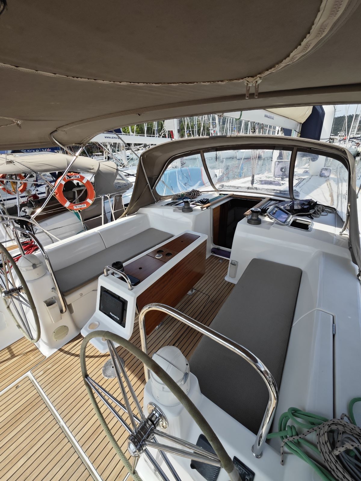 Cockpit of sailing yacht Dufour 450 Grand Large Grace in Fethiye in Turkey