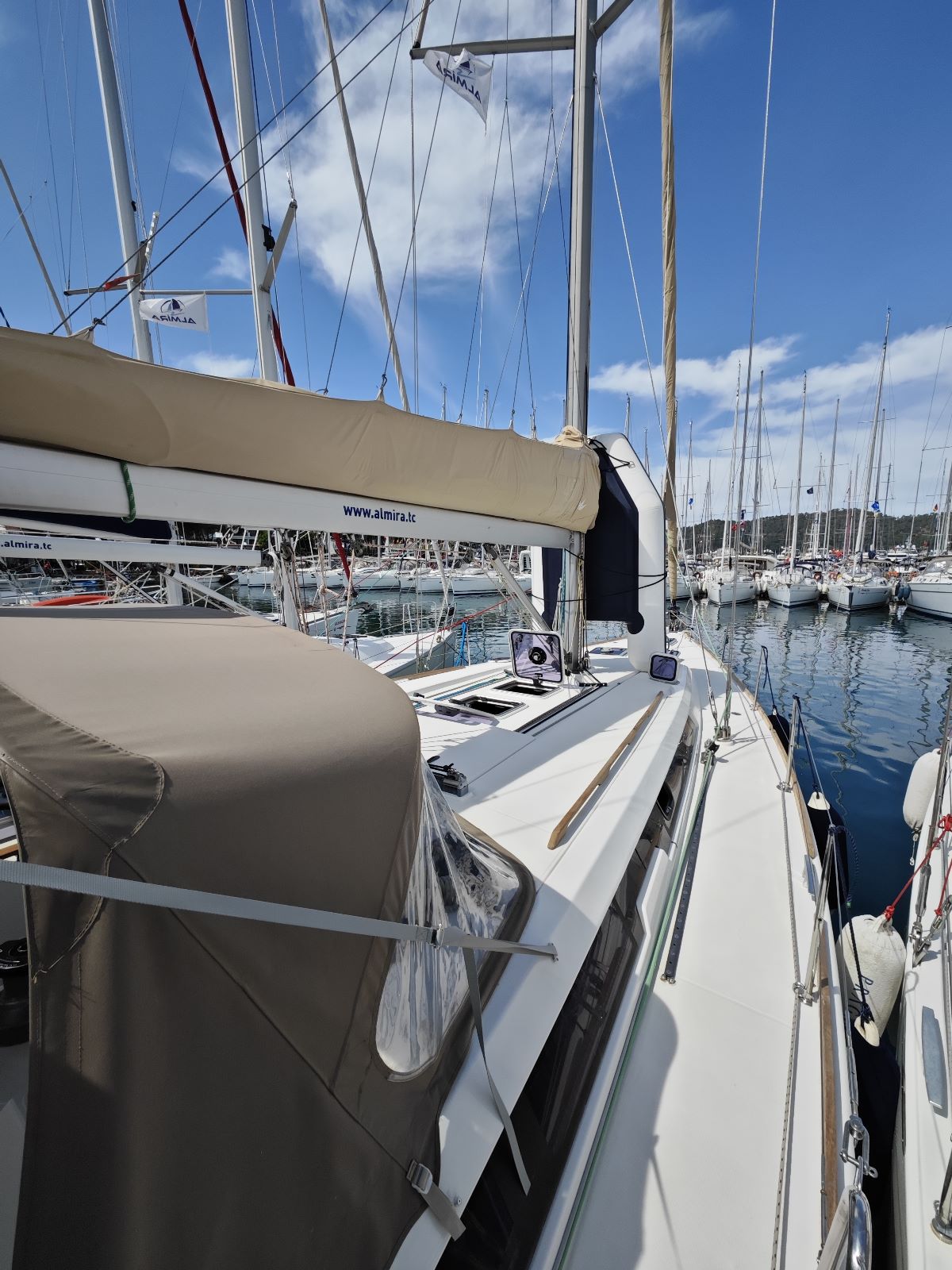 Deck of sailing yacht Dufour 450 Grand Large Grace in Fethiye in Turkey