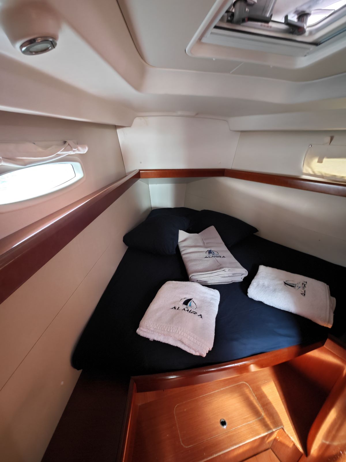 Forward cabin in sailing yacht Beneteau Oceanis 40 Violet in Fethiye in Turkey