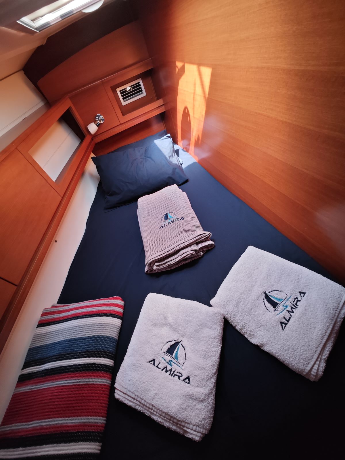 Forward cabin in sailing yacht Dufour 450 Grand Large Grace in Fethiye in Turkey