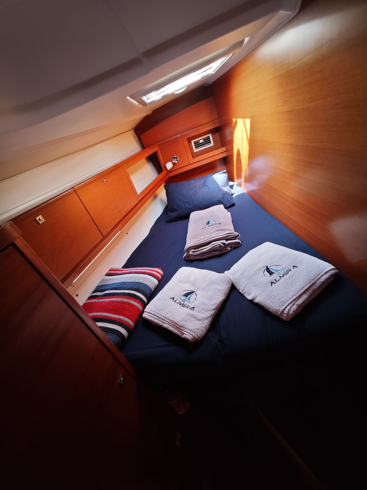 Forward cabin in sailing yacht Dufour 450 Grand Large Grace in Fethiye in Turkey