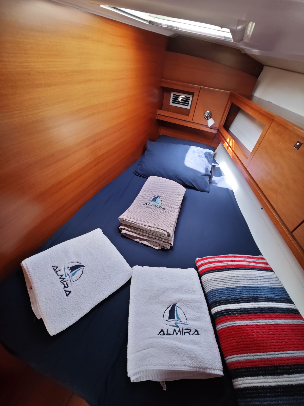 Forward cabin in sailing yacht Dufour 450 Grand Large Grace in Fethiye in Turkey