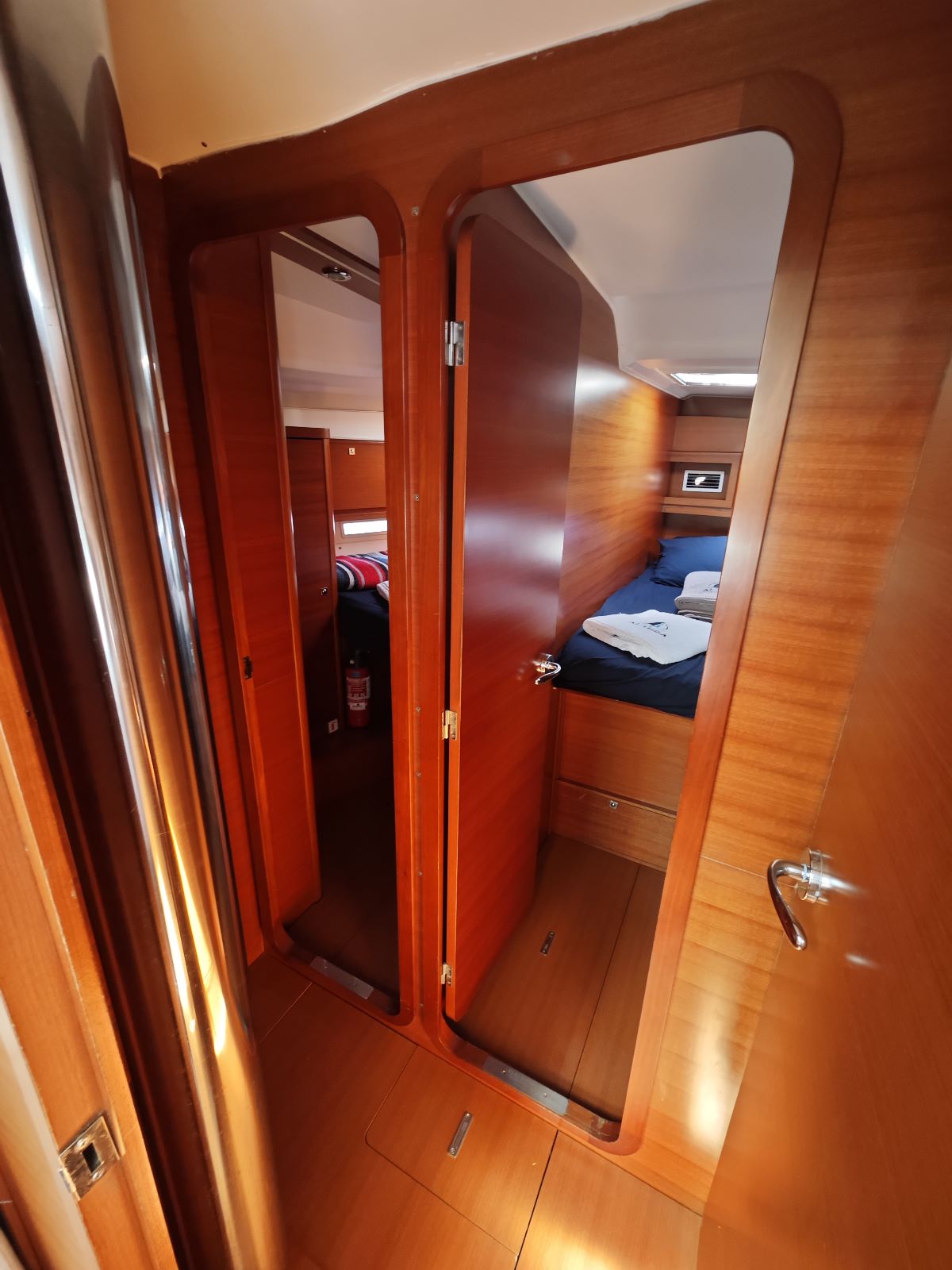 Forward cabins in sailing yacht Dufour 450 Grand Large Grace in Fethiye in Turkey