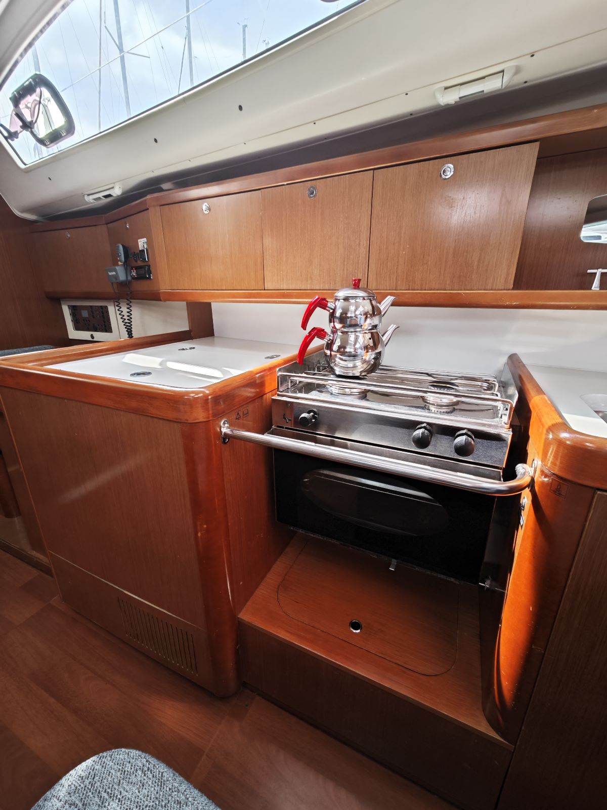 Galley in sailing yacht Beneteau Oceanis 40 Violet in Fethiye in Turkey