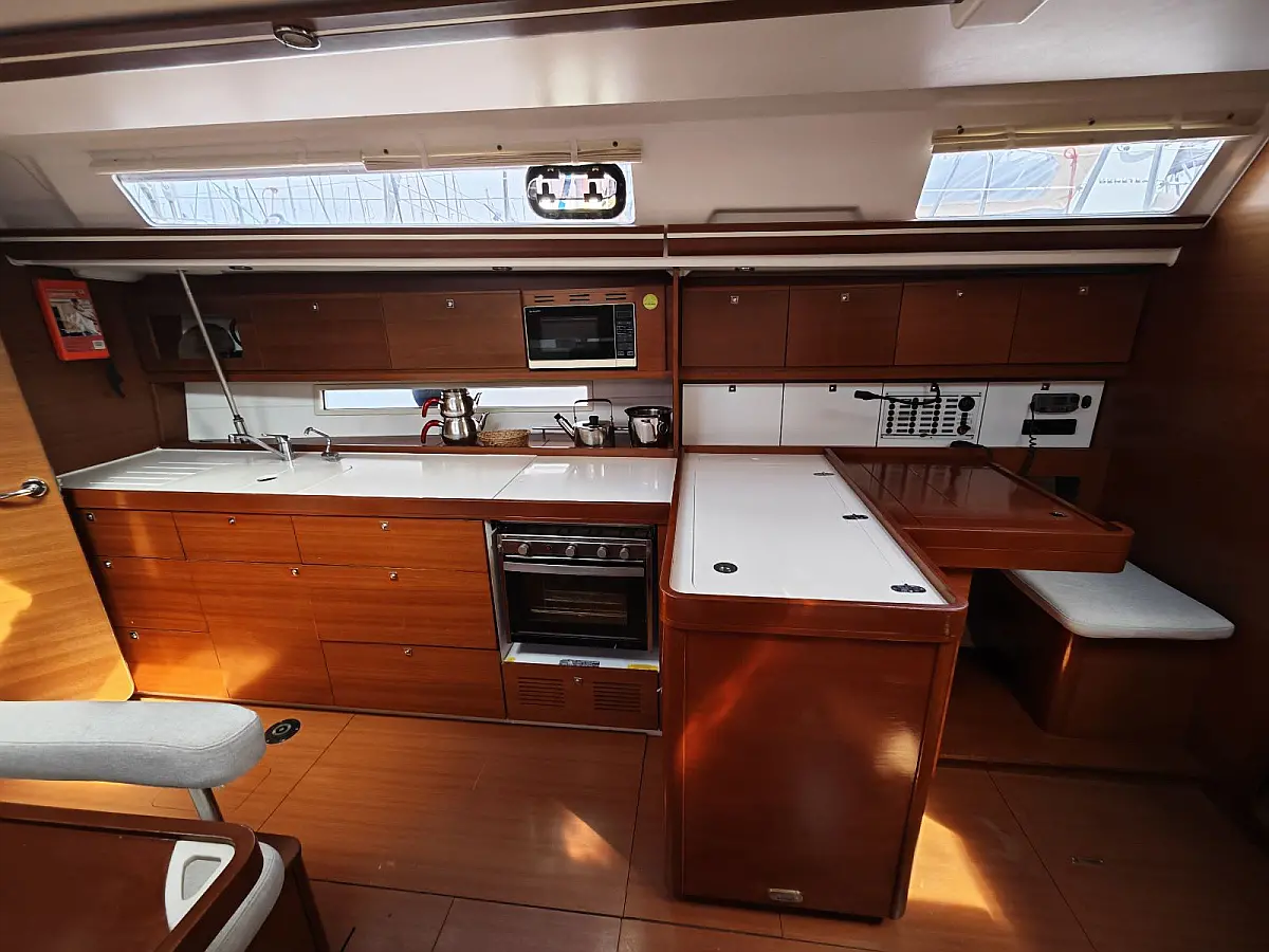 Galley in sailing yacht Dufour 450 Grand Large Grace in Fethiye in Turkey