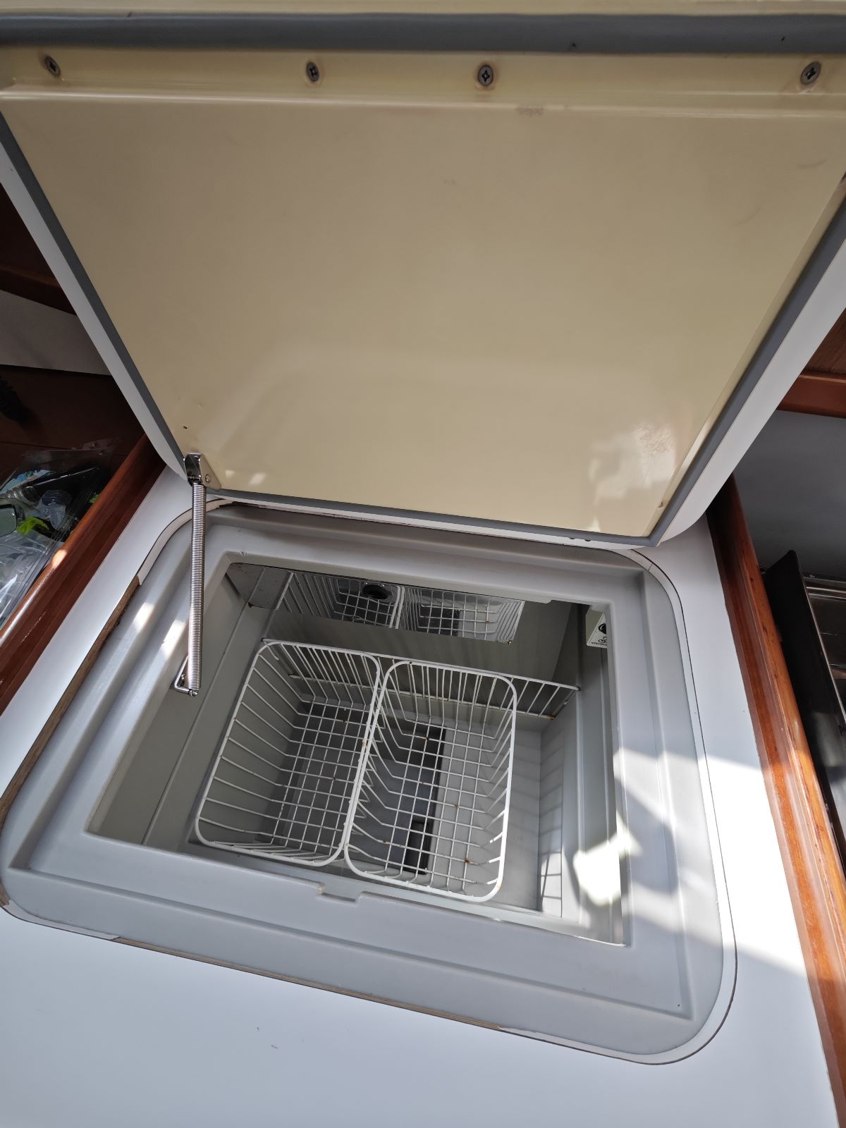 Refrigerator in galley in sailing yacht Beneteau Oceanis 40 Violet in Fethiye in Turkey