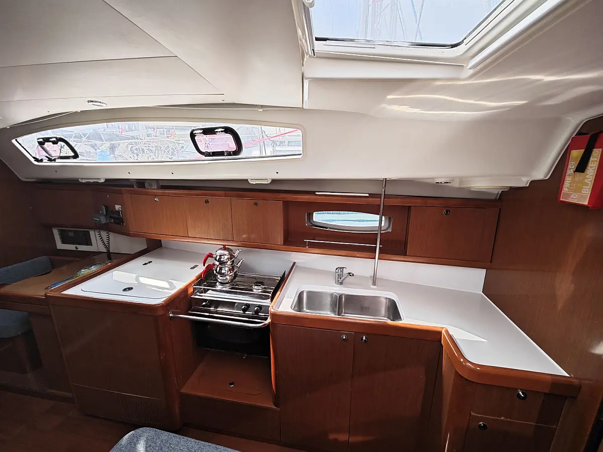 Galley in sailing yacht Beneteau Oceanis 40 Violet in Fethiye in Turkey