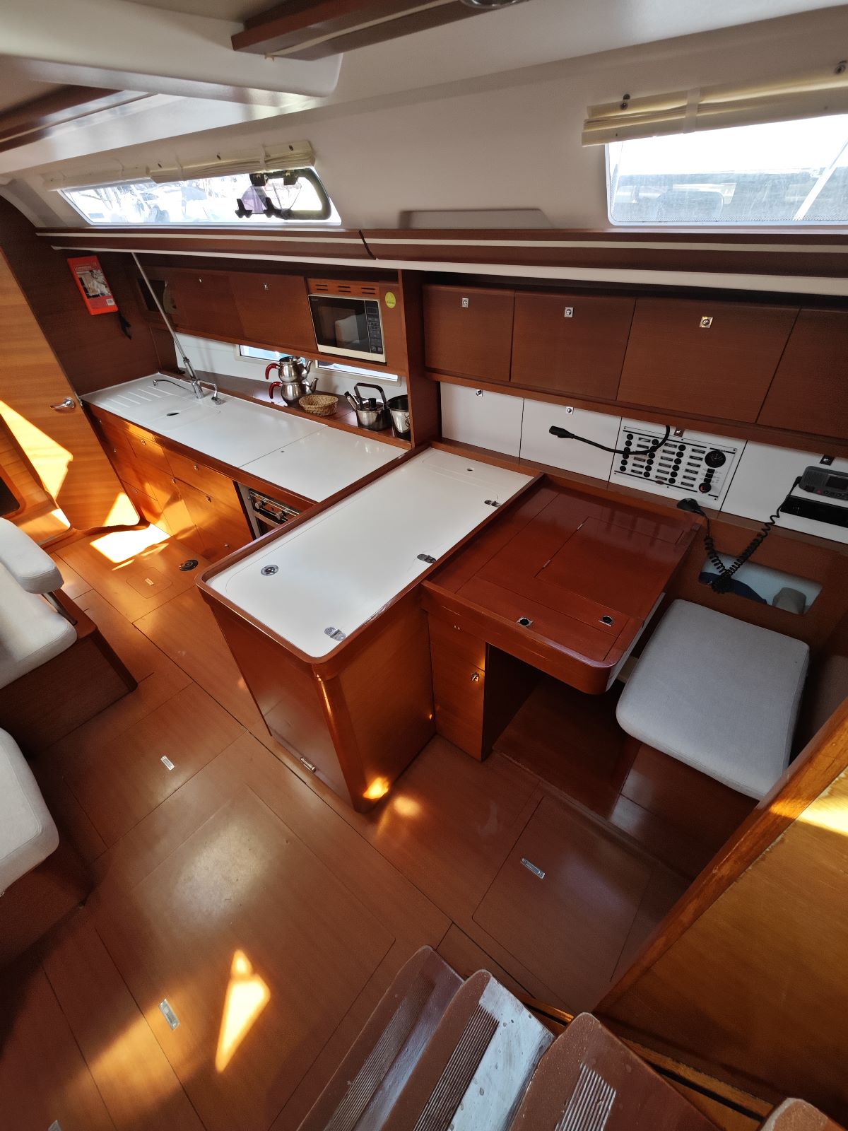 Navigation table in sailing yacht Dufour 450 Grand Large Grace in Fethiye in Turkey