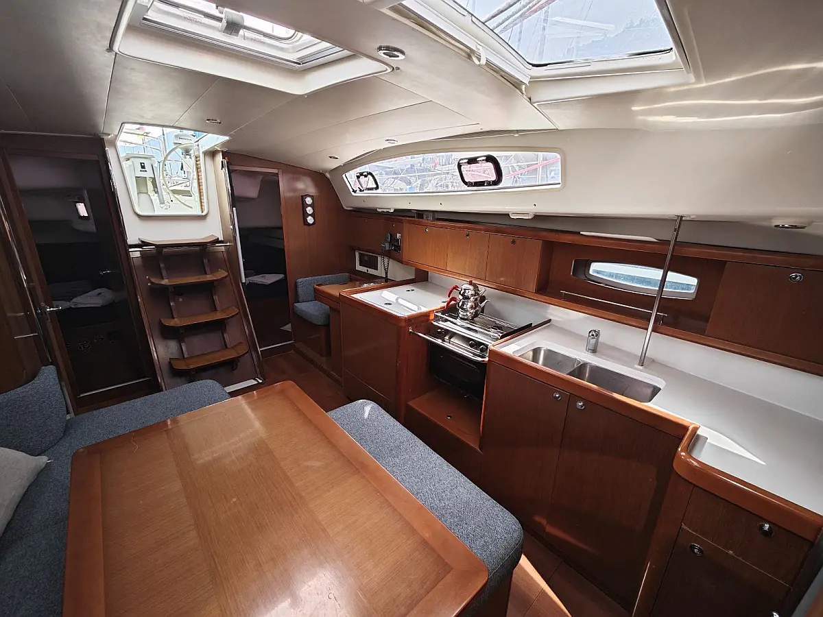 Galley in sailing yacht Beneteau Oceanis 40 Violet in Fethiye in Turkey